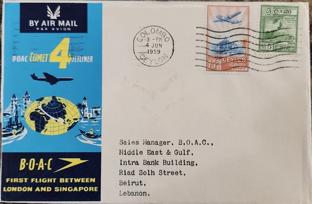 1959 Ceylon Colombo First Flight To Lebanon Beirut Cover