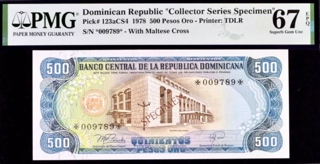 Dominican Republic 500 Pesos Oro Pick# 123aCS4 1978 PMG 67 EPQ SG Unc Banknote