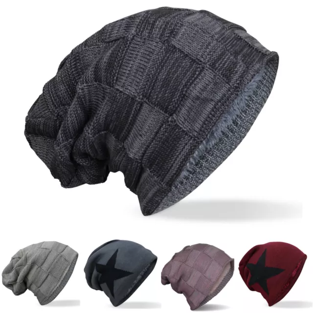 Damen Herren Strickmütze Slouch Beanie Mütze Flechtmuster Stern Wintermütze