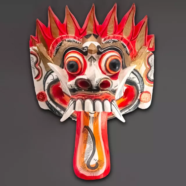 Máscara de madera pintada tallada a mano demonio balinés Rangda colgante de pared Bali