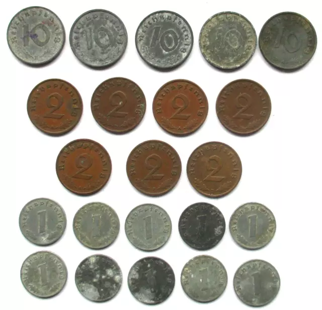 Drittes Reich Lot 5 x 10 & 7 x 2 & 10 x 1 Reichspfennig 1937-1943 mit HK