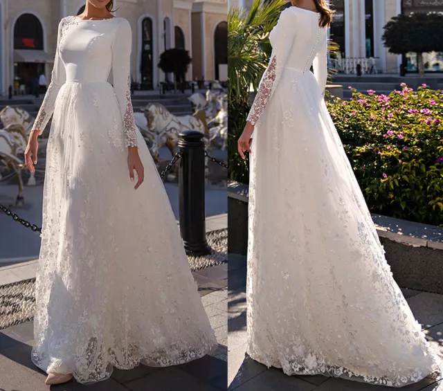 Elegant Muslim O-Neck Wedding Dress Long Sleeve Satin Applique A Line Bride Gown