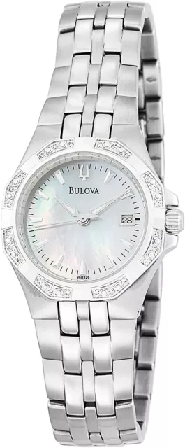 Bulova 96R126 24 Diamond Silver Tone White Mother of Pearl Dial Womens Watch