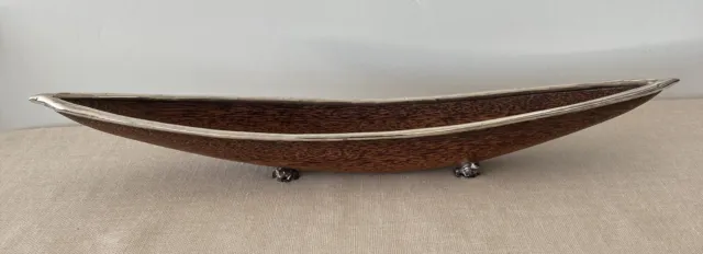Vintage Black Palm Wood Long Oval Footed Fruit Tray Decor Bowl Silver Frogs Trim