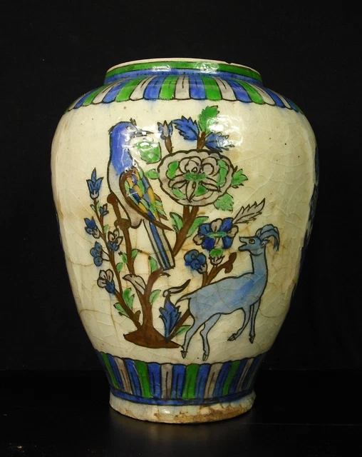Jarrón Balaustre & Pensu de Arte Qajar Cabra Y Pájaro Iran c1900 O antes 27 CM