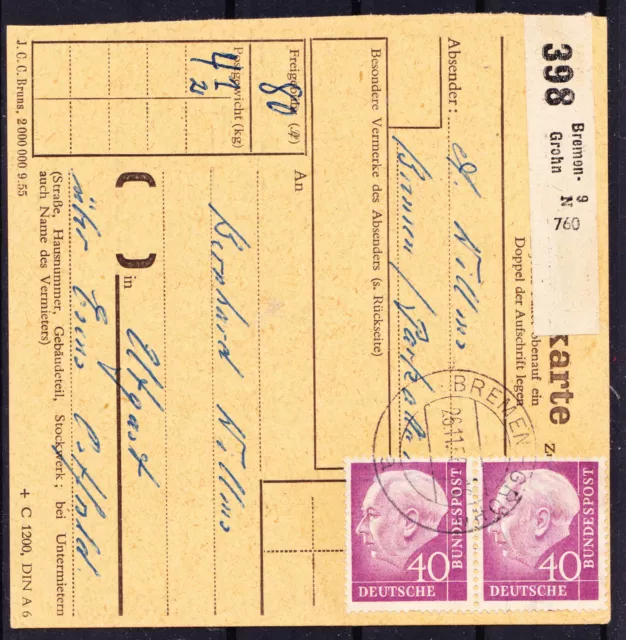 Bund Heuss I, 40 Pf Mi. 188 waager. Paar auf Paketkarte (Brief) gestempelt