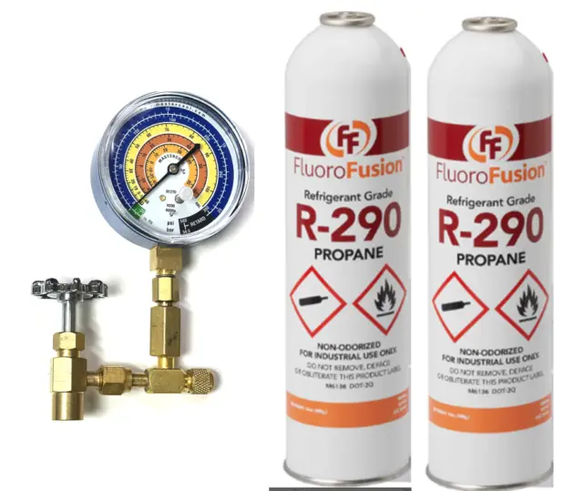 R–290 (2) Large 14 oz. Cans, FluoroFusion, Refrigerant Grade, PV14-Taper-Gauge