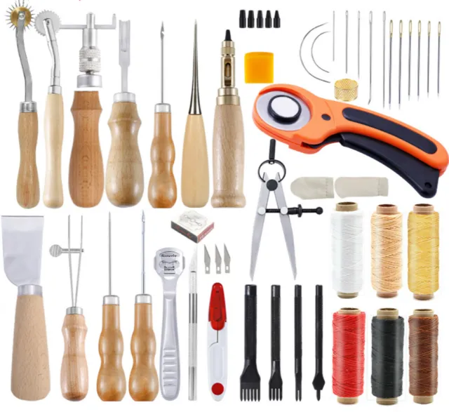 53 piezas Kit de herramientas de cuero Cuchillo de corte rasguños punzón coser hilos de cera
