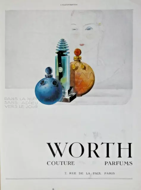 Publicité De Presse 1930 Parfum Worth Dans La Nuit  Sans Adieu Vers Le Jour