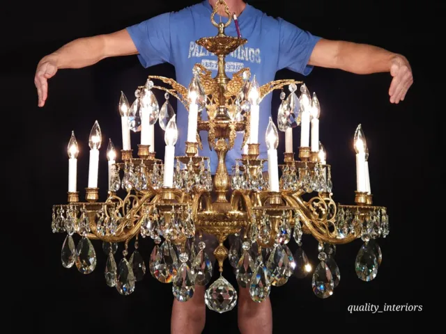 OPULENT Antique French 10 Arm 20 Lite Ornate Brass Cut Lead Crystal Chandelier