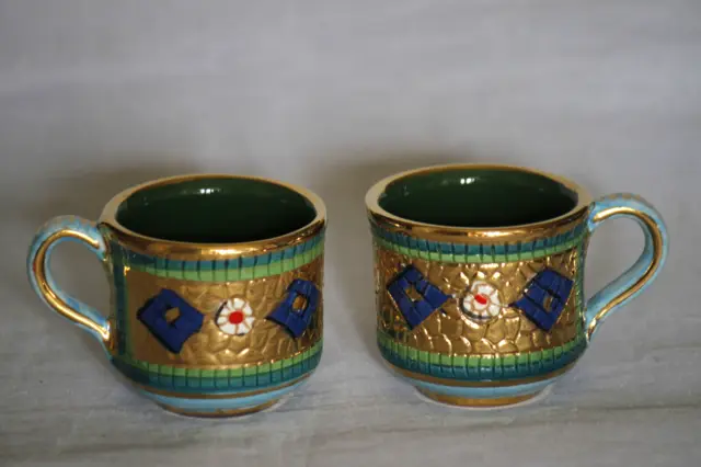 2 tasses décorés à l'or fin Deruta Sambuco vintage Italian Gold Cups
