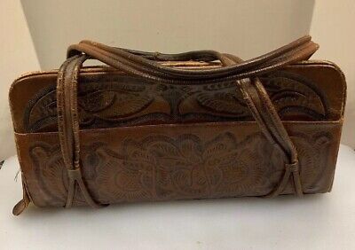 Mexican Hand Tooled Leather Handbag Brown Vintage 1950s 14” x 7.75” x 4” 2