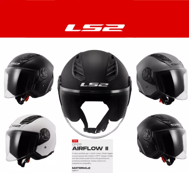 LS2 Casco JET Airflow II Scooter Moto Omologato Visiera Lunga OF616 Sfoderabile