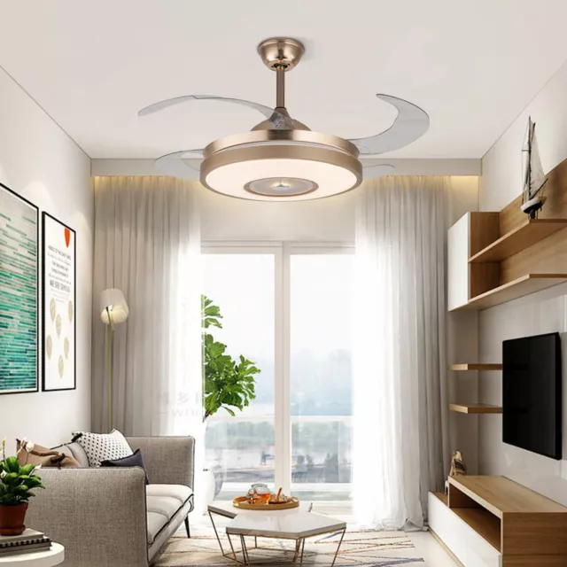 LED Ceiling Fan Lighting 42"Chandelier Lamp Retractable 4 Blade Remote Light 36W