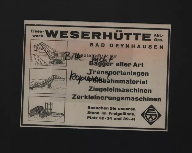 BAD OEYNHAUSEN, Werbung 1936, Eisenwerk Weserhütte AG Bagger Feldbahn-Material