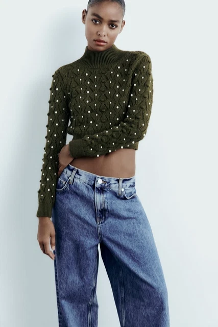 ZARA CROPPED CHECK Fluffy Green Jumper Bell Sleeve Size Medium