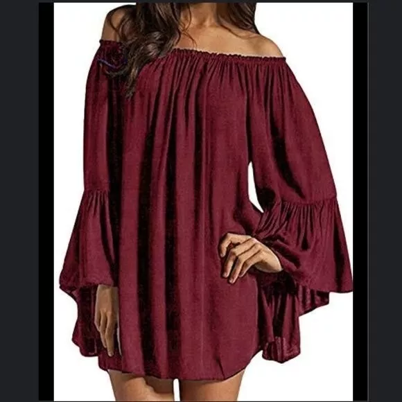 Olivaceous Off the Shoulder Long Bell Sleeve Mini Dress in Wine Red Size Medium