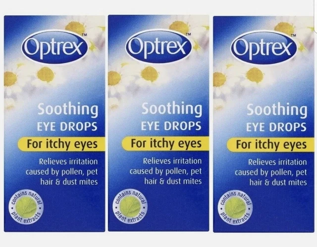 Gotas calmantes para los ojos Optrex para picazón en los ojos (3 x 10 ml) fiebre del heno, alivio de la alergia
