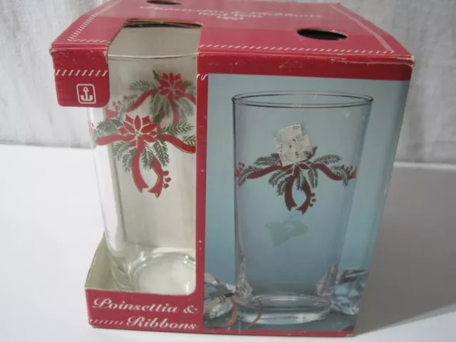 Vintage New Anchor Hocking Poinsettia & Ribbons 4pc Iced Tea Glasses 15 oz