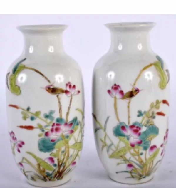 2 Fine Hand Painted Porcelain Chinese Pair Vases Hummingbird Signed Yongzheng