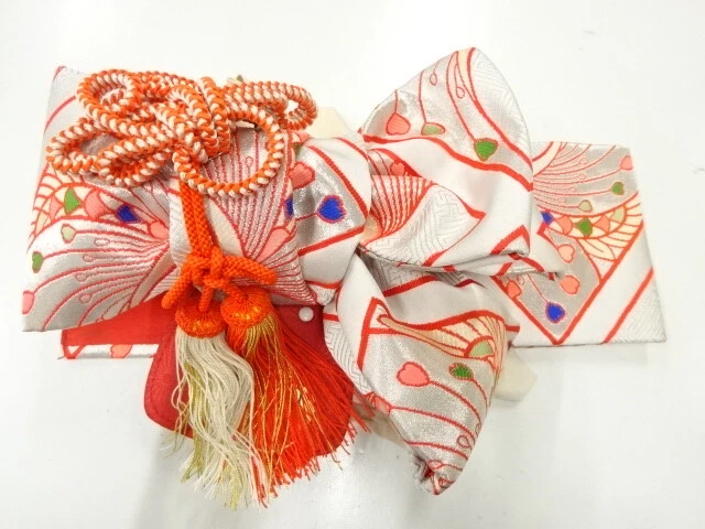 35604# Japanese Kimono / Ribbon Tsukuri Obi For Girls / Woven Crane