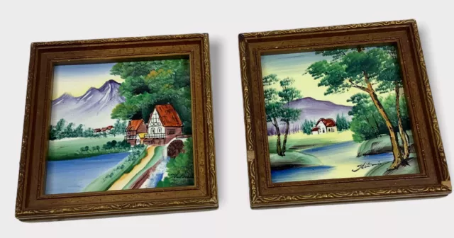 2 Pc Vintage Colorful Hand Painted Tiles Marked Japan Signed Wood Frame Sm1