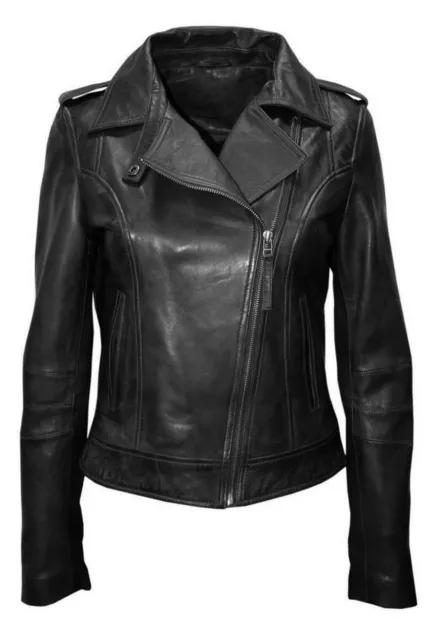 Women Genuine Leather Jacket Slim fit Black Biker Motorcycle Real Lambskin Coat