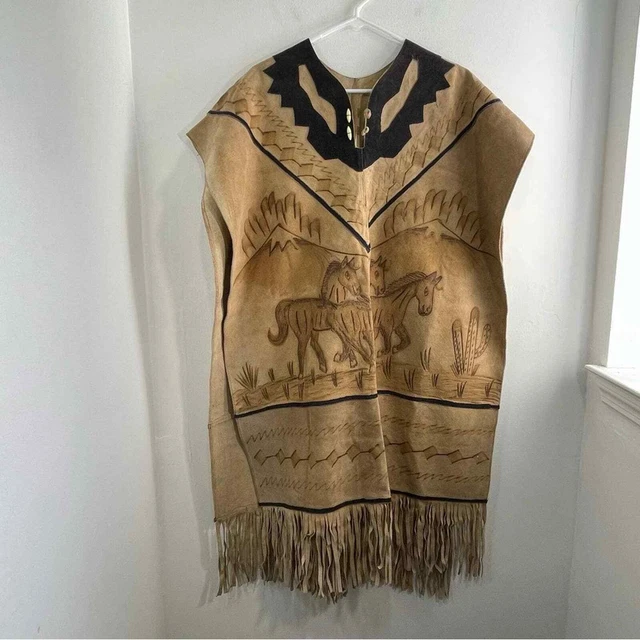 Vintage Western Horse Equestrian Southwestern Fringe Pyrography Poncho Native OS