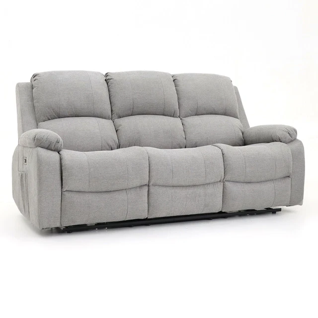 Electric Recliner Sofa 3 2 Seater Armchair Black Faux Leather -Grey Fabric Couch