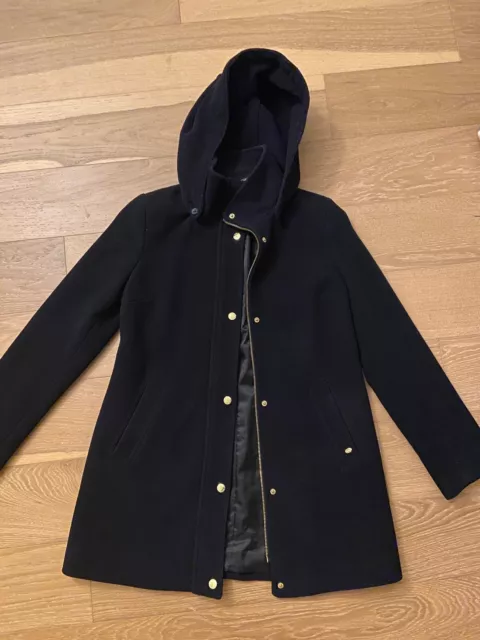 Ellen Tracy Wool Blend 6 Navy Blue Duffle Coat Zipper Hood