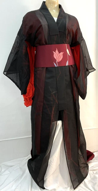 Authentic Traditional Japanese Kimono: Red / Black - Silk Sash - No Size Tags