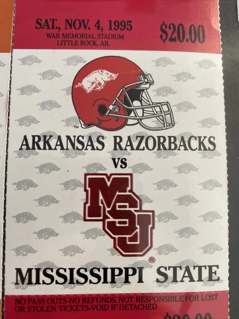 1995 Arkansas Razorbacks Vs. Mississippi State Full Unused Football Ticket 11/4 3