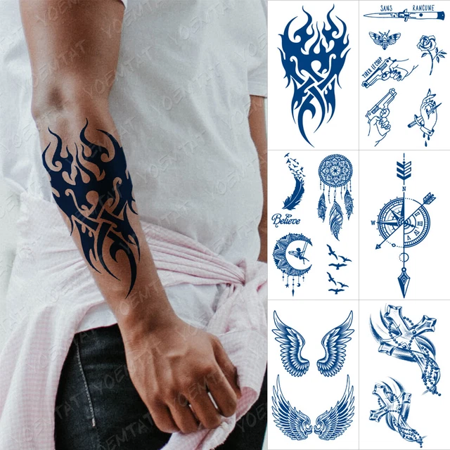 6PCS Semi Permanent Flame Totem Feather Gun Waterproof Temporary Tattoo Sticker