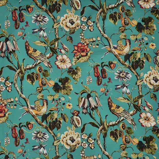 Polynesia Papaya Bird  Teal 140cm wide Curtain / Craft Fabric