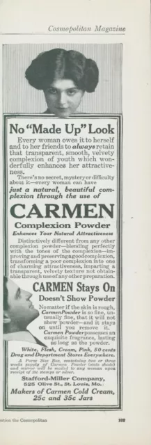 1914 Carmen Complexion Powder No Made Up Look Stays On No Show Vtg Print Ad CO6