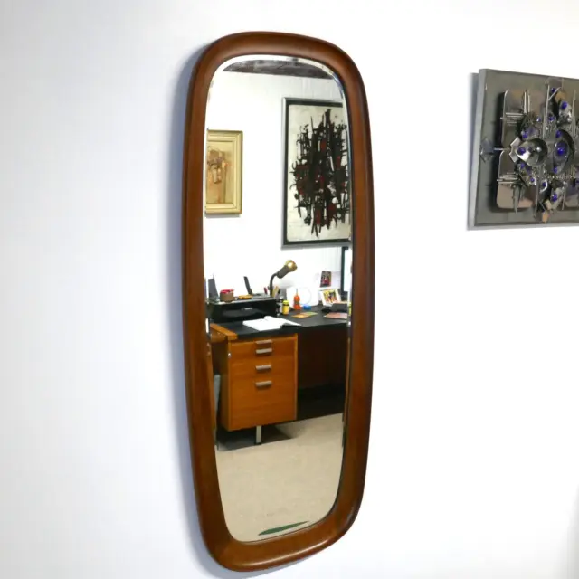 Superb Large 110cm 1960s Mid Century Danish Teak Cushion Framed Bevelled Mirror