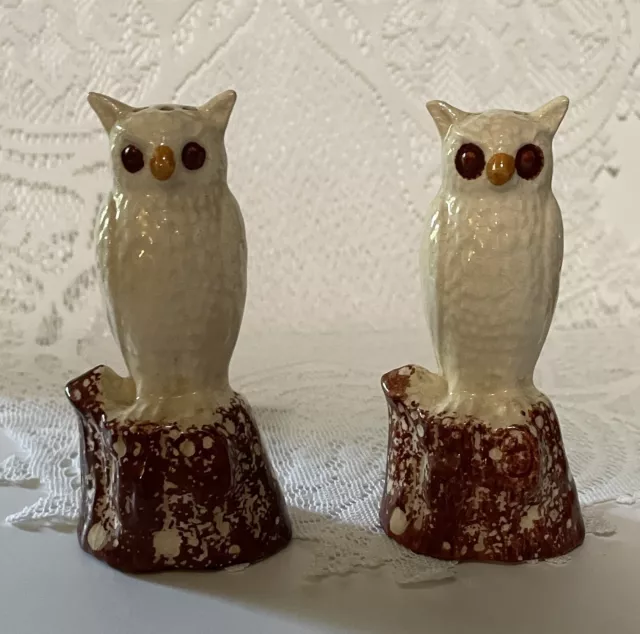 Vintage Ceramic Owl on Tree Stump Salt & Pepper Shakers Kitchen Home Decor