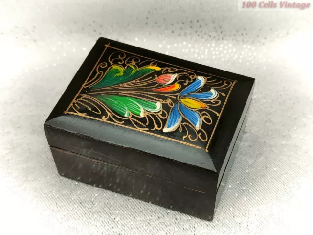 Black and Colourful Floral Wooden-Vintage Trinket/Pill Box-7cm