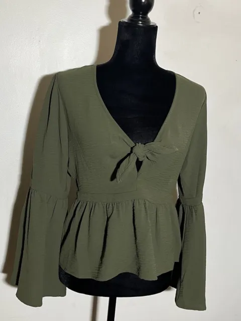 Sugarlips Womens Size Small Top Blouse Long Bell Sleeve Olive Green Crop Boho (1