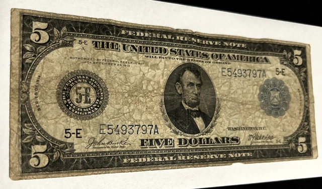 1913 Five Dollar Federal Reserve Note Large Note Nice Look!!!!!