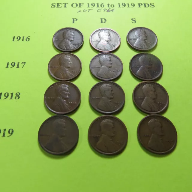 1916-PDS-1919-PDS LINCOLN WHEAT CENTS (12 TEEN CENTS) ~ ALl 3 MINTS -LOT C964