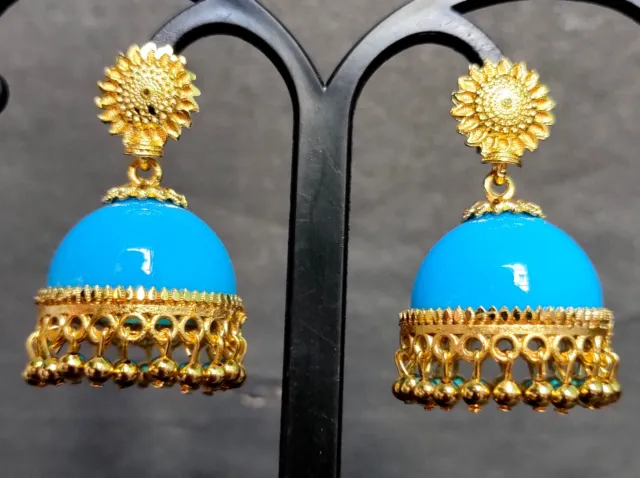22k Gold Plated 2" Long Wedding Blue Colour Earrings Indian Fashion SET Jar674