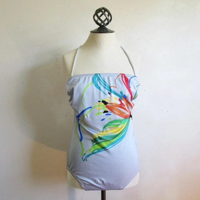 1970s Sea Queen Swimsuit Gray Floral 1 pc Vintage Halter Style Orange Flower 16U