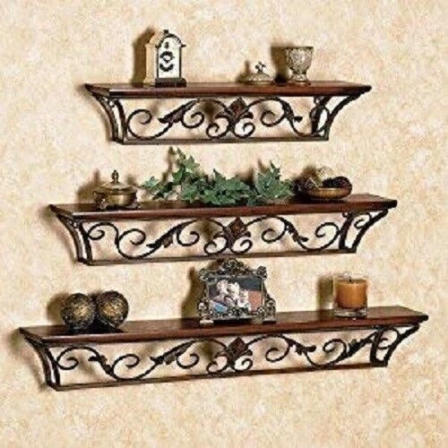 Handmade Wooden And Iron Floating Wall Shelf for Home Living Room Decor Set of 3