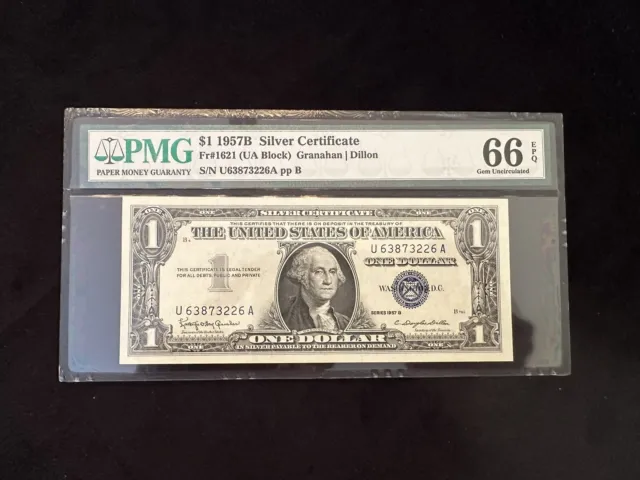 Fr 1621 (UA Block) $1 1957B Silver Certificate - PMG 66EPQ