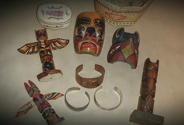 Northwest Coast, collection (masks, baskets, bracelets). Early/Mid/Late 20th c.