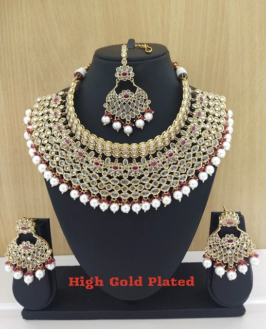 Ensemble De Bijoux Ethnique Indien Bollywood - Collier Ras De Cou + Boucles D'oreilles + Tikka - Or Poli Sur Cuivre - Neuf Avec étiquettes
