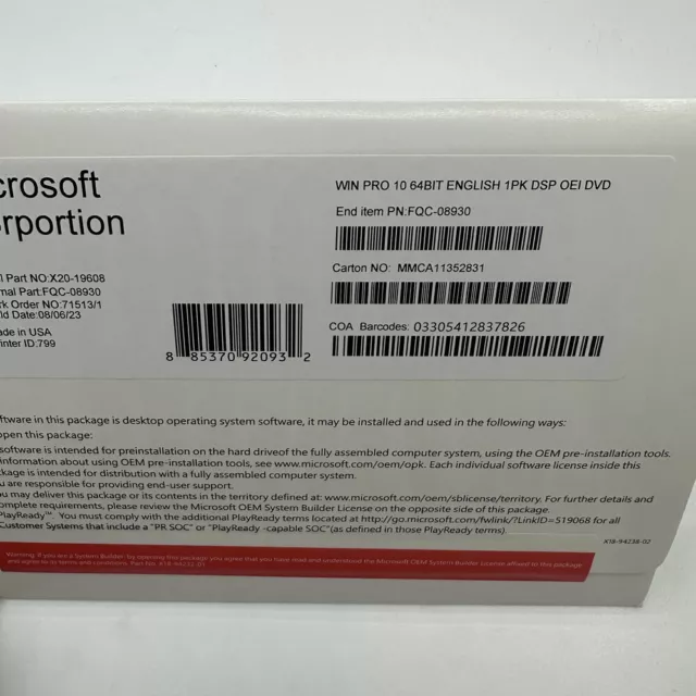 New Sealed -Microsoft Windows 10 Pro 64 Bit English 1 Pk DVD Full Version..