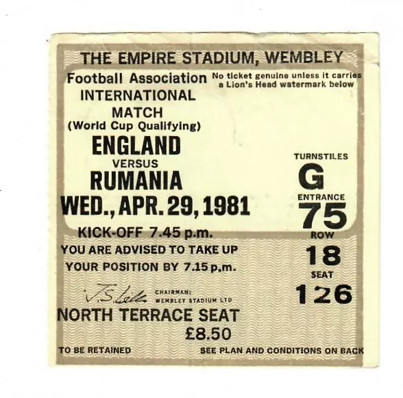 England v Rumania - World Cup Qualifier April 1981 - Match Ticket