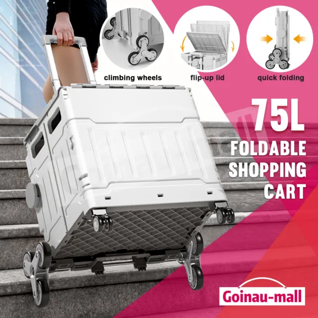 75L Folding Shopping Trolley Cart Portable Basket Crate Climbing Wheels w/ Cover
